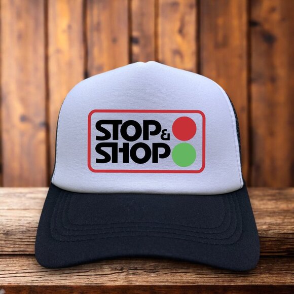 Stop & Shop Mens Trucker Hat Black Snapback Vintage Grocery Store Logo Ball Cap - Picture 1 of 4